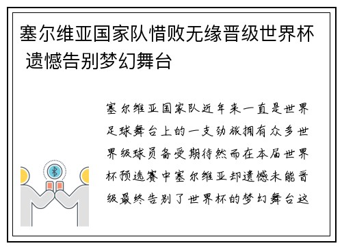 塞尔维亚国家队惜败无缘晋级世界杯 遗憾告别梦幻舞台
