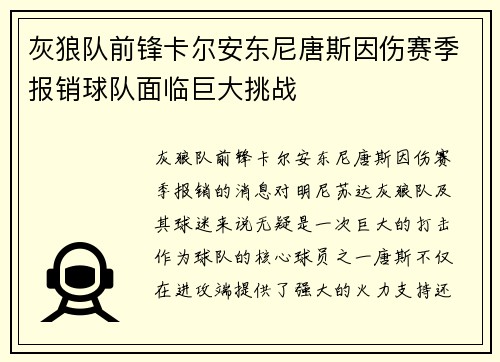 灰狼队前锋卡尔安东尼唐斯因伤赛季报销球队面临巨大挑战