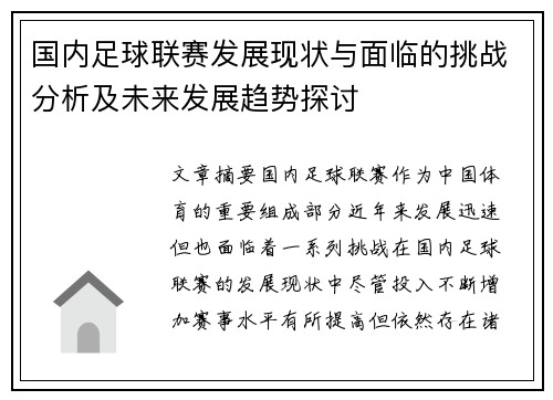国内足球联赛发展现状与面临的挑战分析及未来发展趋势探讨