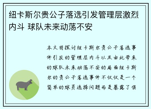纽卡斯尔贵公子落选引发管理层激烈内斗 球队未来动荡不安