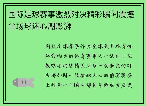 国际足球赛事激烈对决精彩瞬间震撼全场球迷心潮澎湃