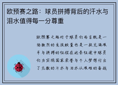 欧预赛之路：球员拼搏背后的汗水与泪水值得每一分尊重
