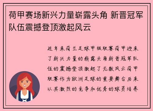 荷甲赛场新兴力量崭露头角 新晋冠军队伍震撼登顶激起风云