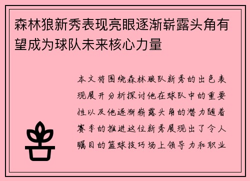 森林狼新秀表现亮眼逐渐崭露头角有望成为球队未来核心力量